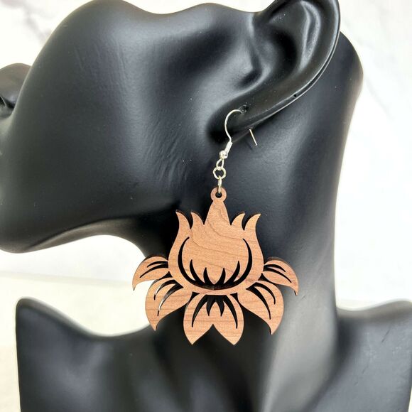 Wooden Flower Cutout Earrings - Picture 1 of 3